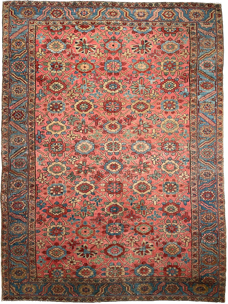 MAGNIFICENT Antique Persian Heriz with RARE MINA-KHANI Design | Glowing Pink, Bakshayesh Blue, Camel, GREEN | 8.7 x 12.5