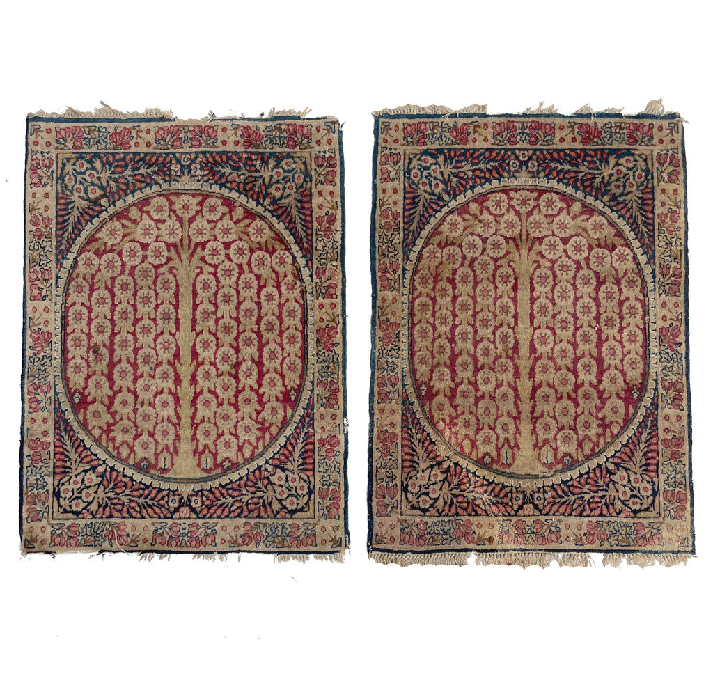 RARE TWIN SISTER Tree of Life Antique Rugs / Mats | A Pair of Unbelievable Weeping Willow Tree of Life Antique Rug Mats  | ~ 1.9 x 2.6