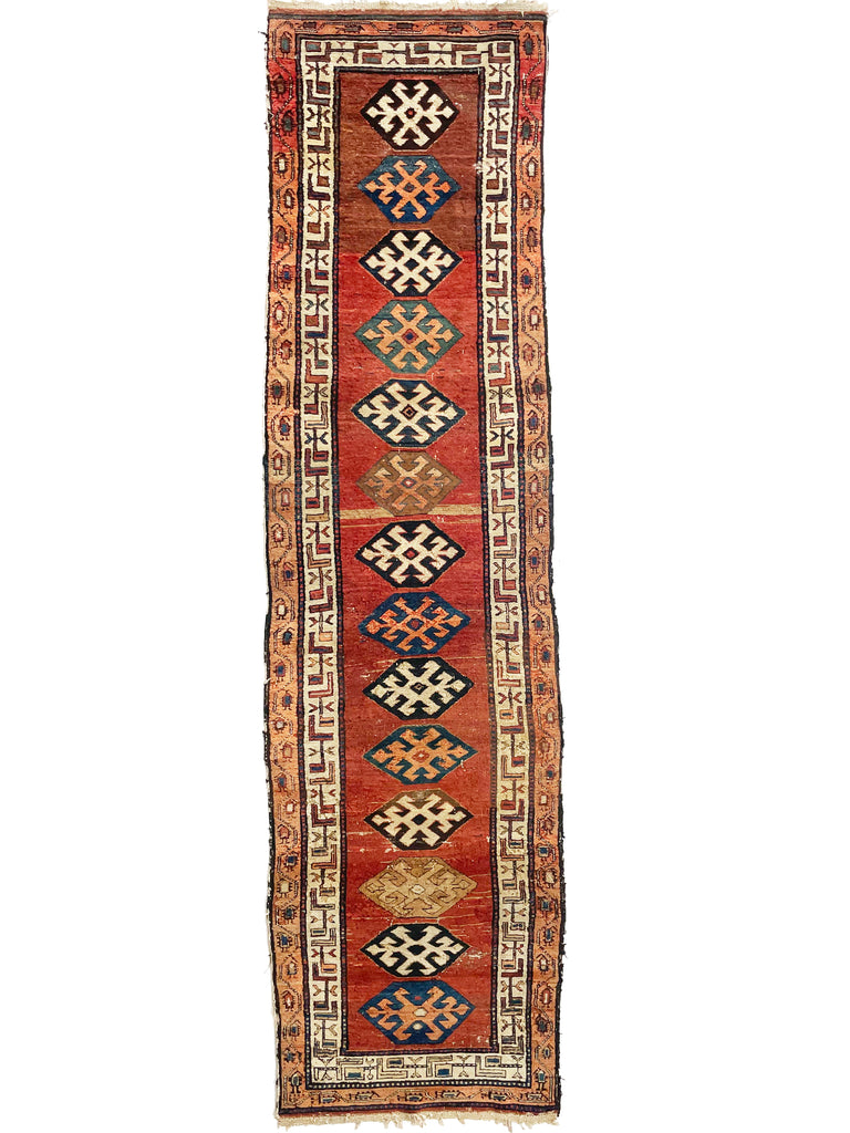 UNIMAGINABLY BEAUTIFUL Antique Kurdish-Kazak Geometric Motifs | Rust, Emerald, Charcoal, Peacock Blue etc | 3.6 x 13