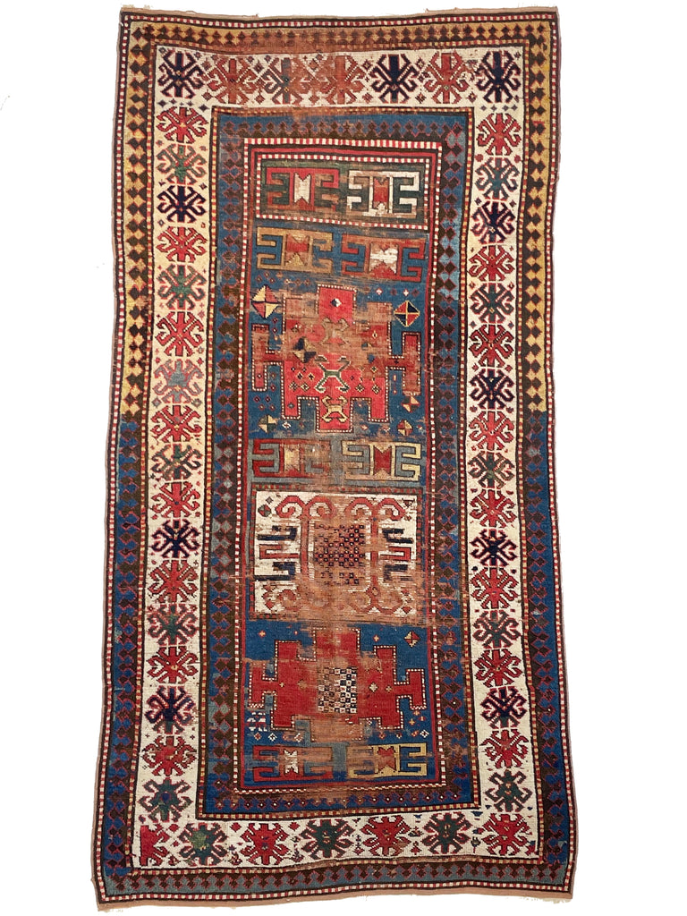 HANDSOME Antique Kazak Rug | Character-Rich with Iconic Fence of Protection Perimeter | 4.3 x 8