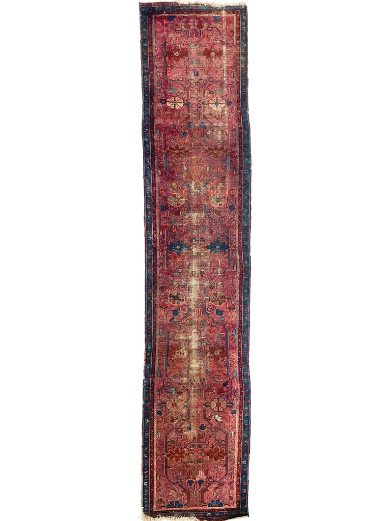 SOLD | GORGEOUS Character-Rich Berry Colored "Painted Sarouk" Antique Runner with LIME GREEN | 2.10 x 13.5