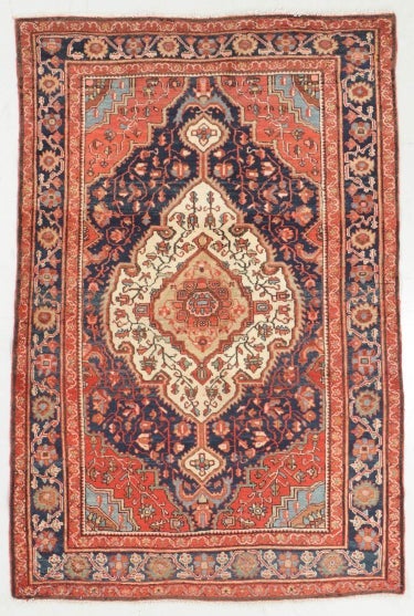 SOLD | Antique Rug | 4.5 x 6.6 | Rust Pink Navy Beige French Blue BEAUTY