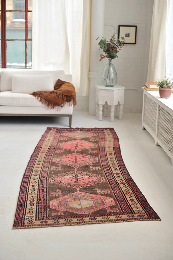 Vintage Runner | Pink, Purple, Charcoal Black Nomadic Vintage rug | ~ 3.5 x 9.8