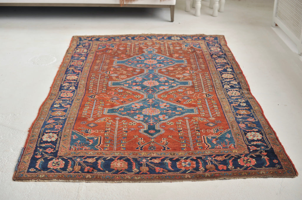 FASCINATING Antique Village Rug | Peacock Blue with Sunflower Yellow and Mint Green | 5 x 7.10