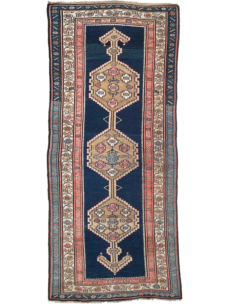 INCREDIBLE Kurdish Runner with Piercing Navy, Pinks, Salmon and Camel Hair Antique Runner | 3.8 x 8.4