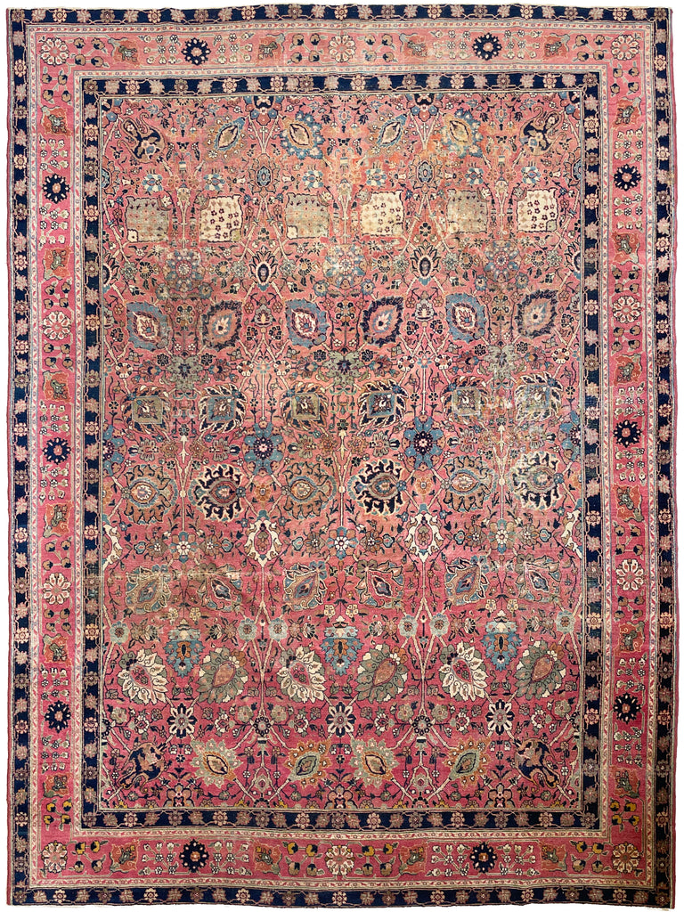 SOLD | GORGEOUS Antique Rug | Variations of Pinks with Blues & Green Vine and Palmette Design | 9.2 x 12.2