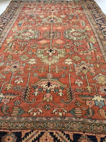 TERRACOTTA & KIWI Antique Heriz | Artistic Blooming Design with Rare Size | 6.8 x 9.7