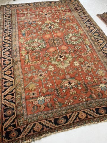 TERRACOTTA & KIWI Antique Heriz | Artistic Blooming Design with Rare Size | 6.8 x 9.7