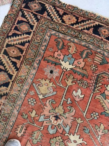 TERRACOTTA & KIWI Antique Heriz | Artistic Blooming Design with Rare Size | 6.8 x 9.7