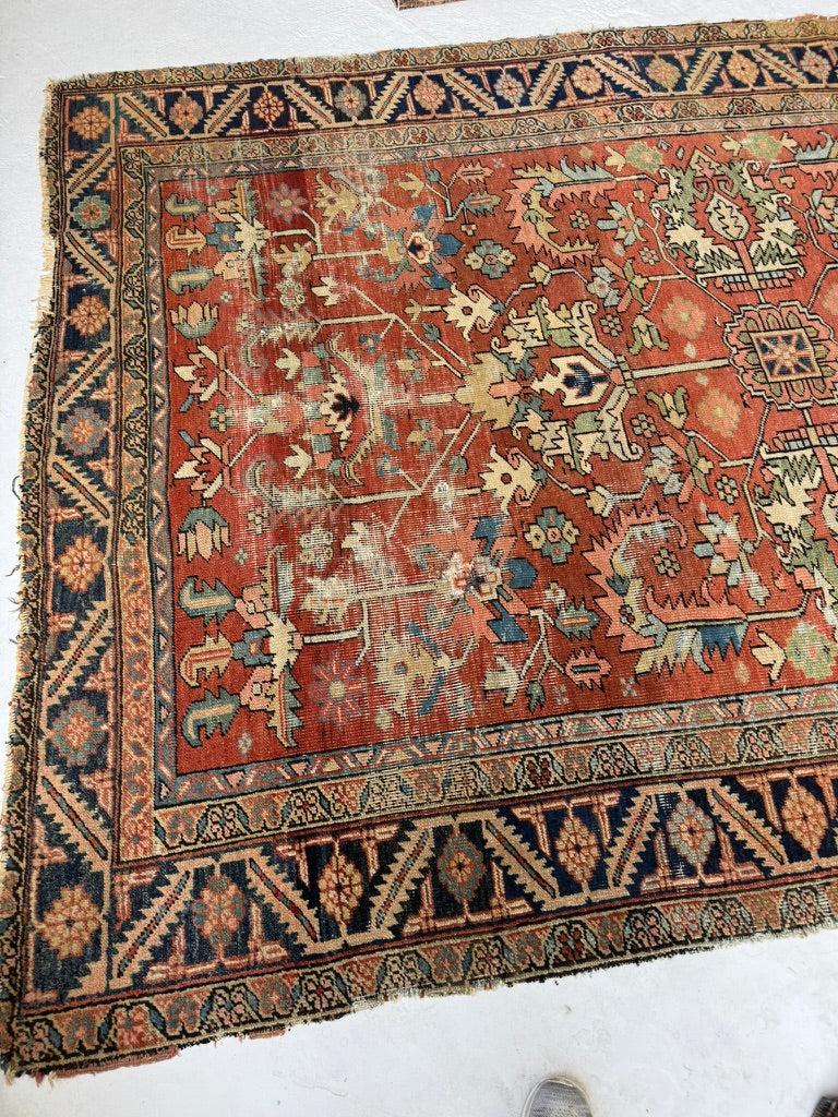 TERRACOTTA & KIWI Antique Heriz | Artistic Blooming Design with Rare Size | 6.8 x 9.7