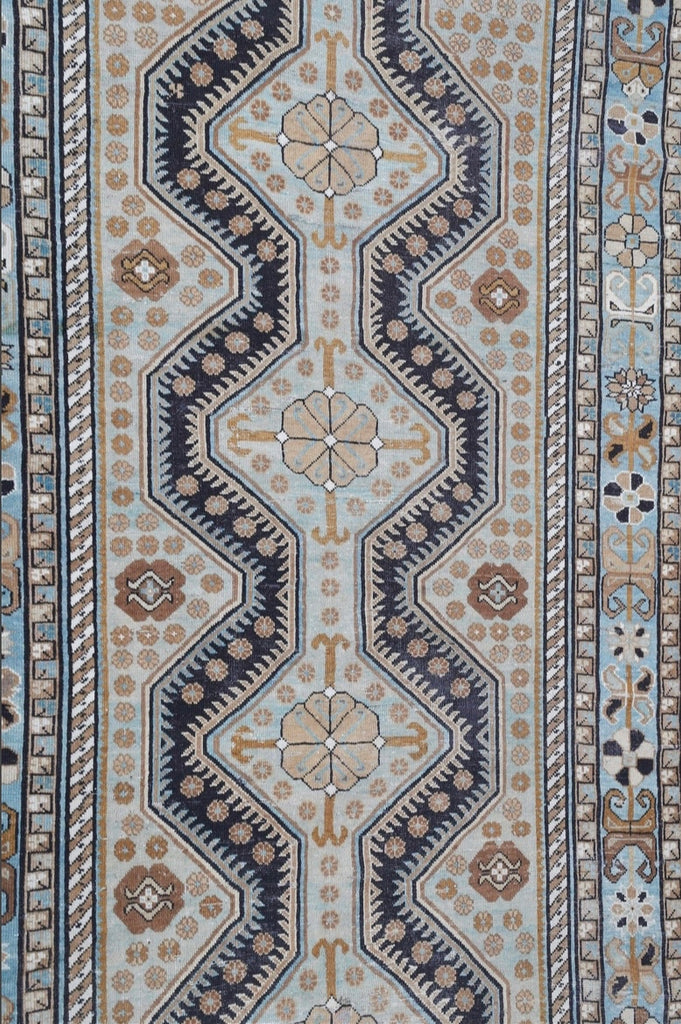 BEAUTIFUL Earthy & Cool Antique Caucasian Wide Gallery Runner | Cashew, Camel, Ice Blue, Espresso | 4.10 x 11.8