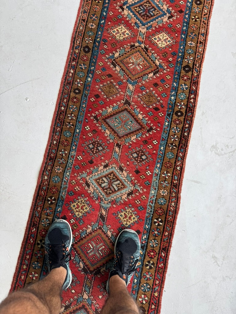 SKINNY Antique Northwest Persian Heriz Runner!! WOW, Mint condition as well | Camel, Rust, Blue | 2.2 x 9