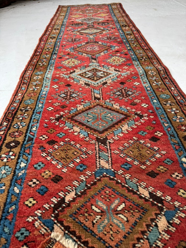 SKINNY Antique Northwest Persian Heriz Runner!! WOW, Mint condition as well | Camel, Rust, Blue | 2.2 x 9