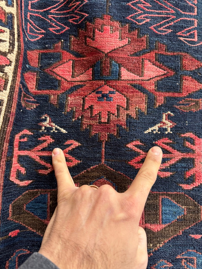 GORGEOUS Antique Tribal Sumak / Sumac / Soumak Carpet | Navy Rust & Coral Stunning Textile | ~ 10.5 x 14