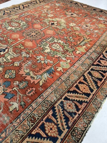 TERRACOTTA & KIWI Antique Heriz | Artistic Blooming Design with Rare Size | 6.8 x 9.7