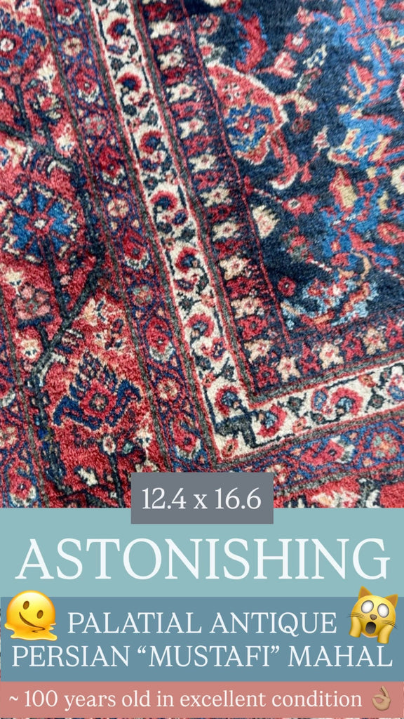 PALATIAL Antique Persian Mahal in AMAZING "Mostofi / Mustafi" Design | Gorgeous Sushi Pinks, Rust, Emerald, Seafoam, Indigo | 12.4 x 16.6
