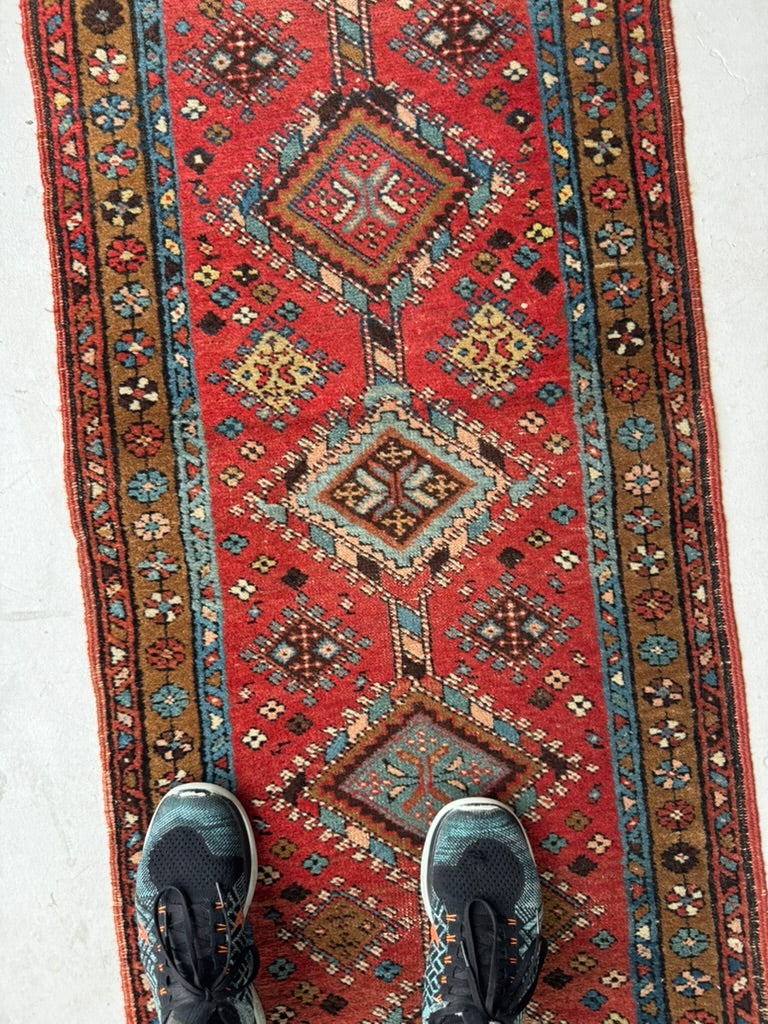 SKINNY Antique Northwest Persian Heriz Runner!! WOW, Mint condition as well | Camel, Rust, Blue | 2.2 x 9