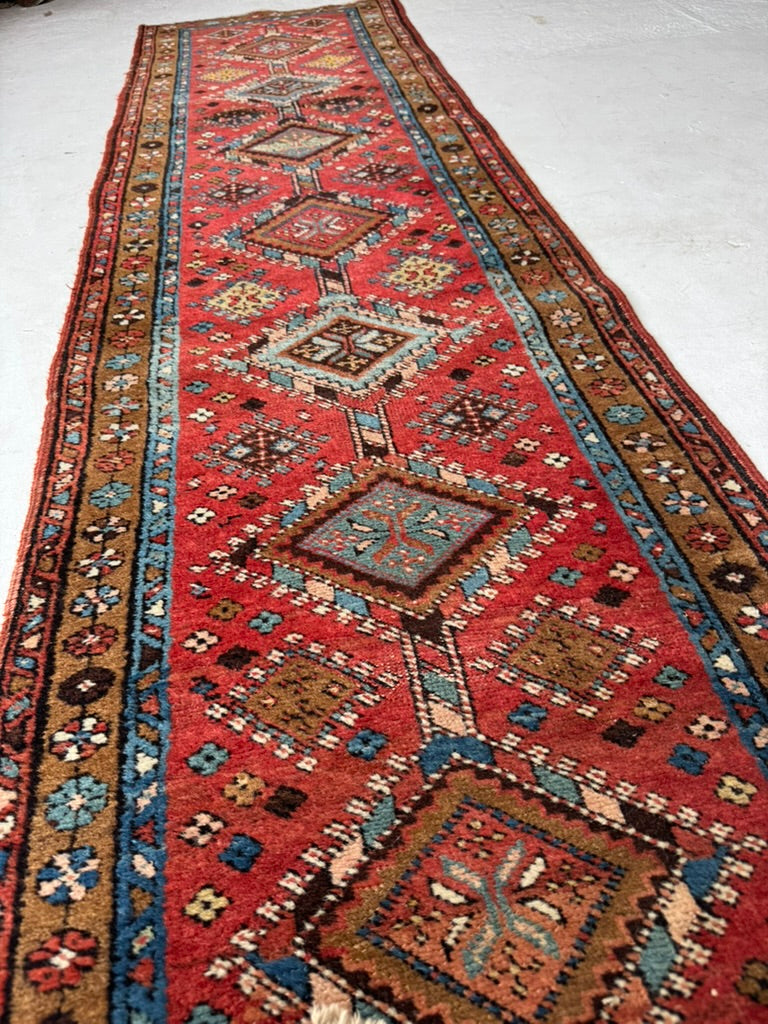 SKINNY Antique Northwest Persian Heriz Runner!! WOW, Mint condition as well | Camel, Rust, Blue | 2.2 x 9