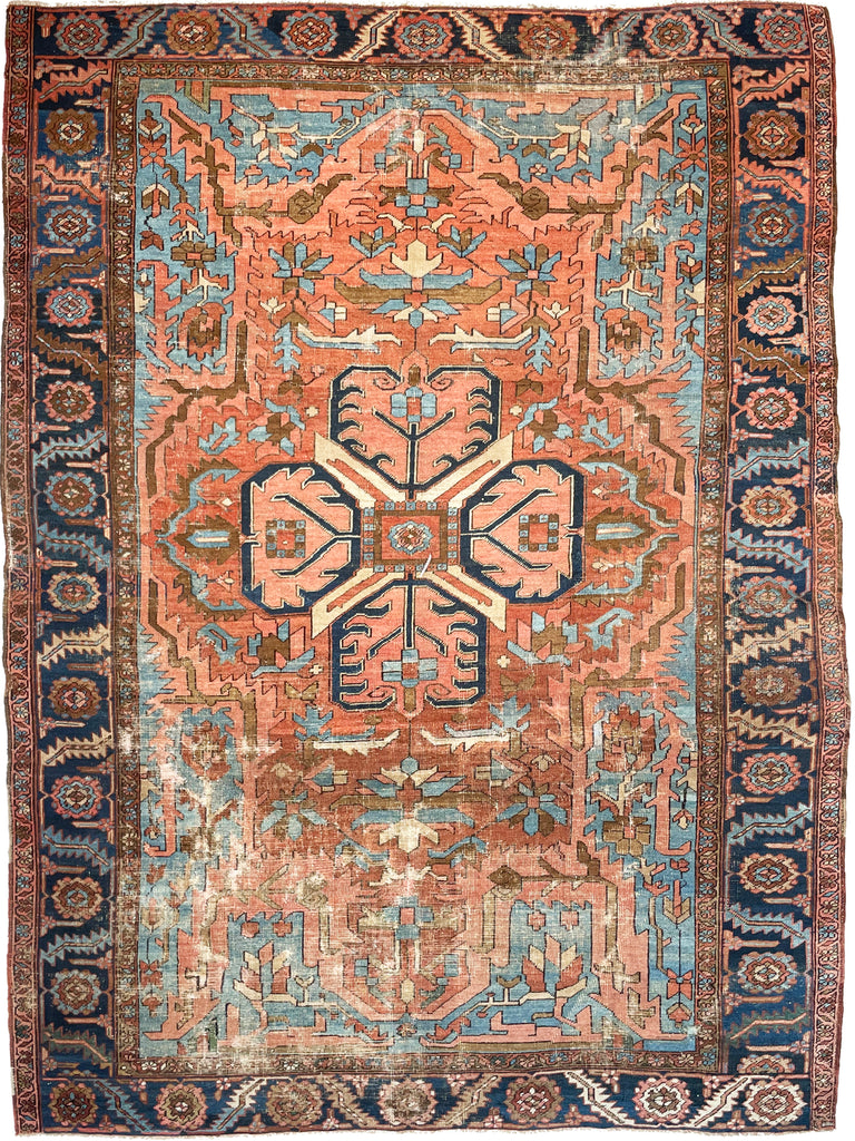 SOLD | DRAMATIC & RARE Antique Persian Heriz Tribal Rug | GORGEOUS & UNIQUE Geometric Dream | Terracotta, Clay, Salmon, Ice Blue, Chestnut | 8.6 x 12
