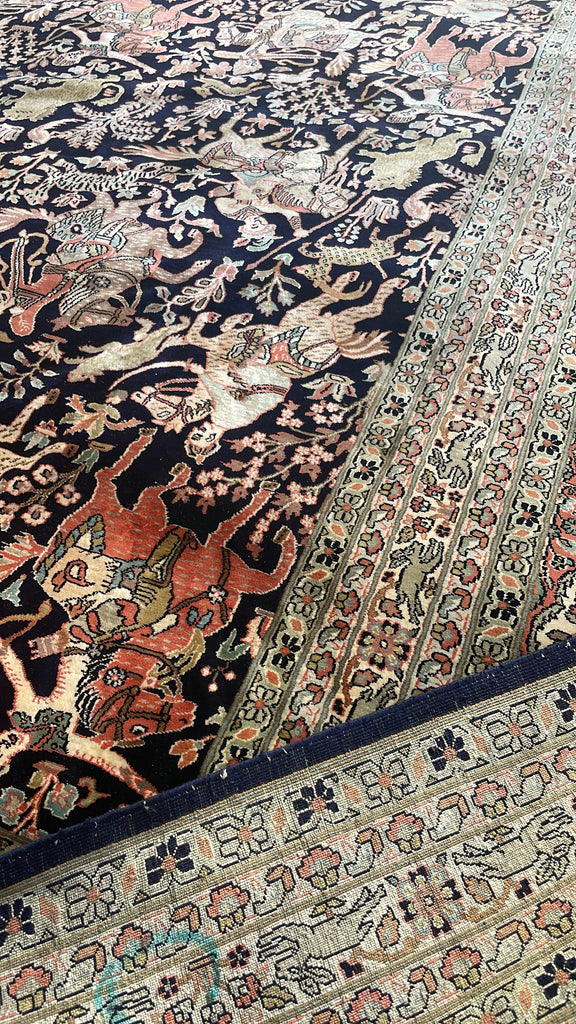 (Payment 1 of 2) RESERVED FOR OLIVIER*** PURE KASHMIR SILK Vintage Room Size Pictorial Piece; "The Royal Hunt" Terracotta, Indigo, Sage Green | 9.1 x 12.7