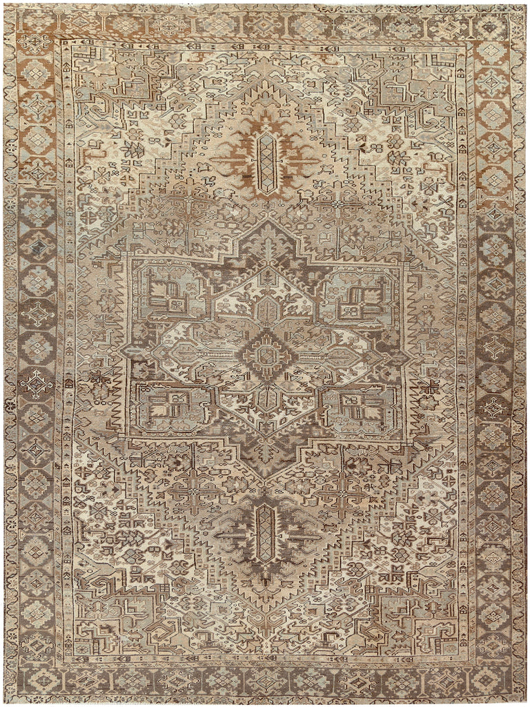 AIRY Vintage Heriz with Gorgeous Abrash and Earthy Cool Palette | Taupe, Slate Blue, Ice Blue, Almond | 9.4 x 12.5