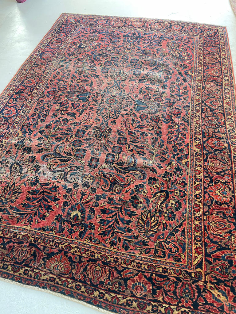 MAGNIFICENT Antique Blooming Sarouk in Lovely Coral, Berry, Blush | RARE SIZE: 6.2 x 9.1