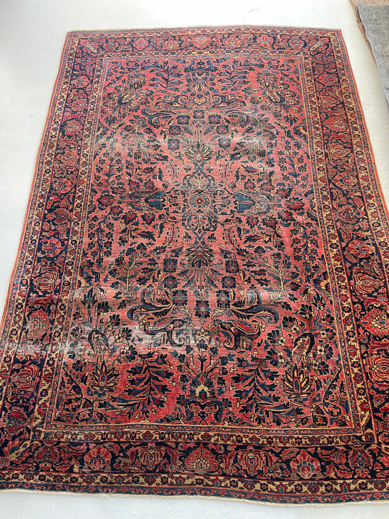 MAGNIFICENT Antique Blooming Sarouk in Lovely Coral, Berry, Blush | RARE SIZE: 6.2 x 9.1