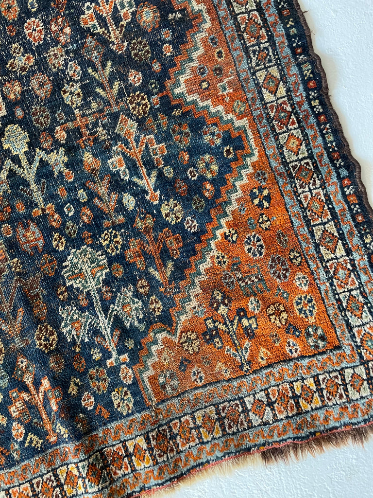 SOLD | SQUARE Vintage Southwest Persian Shiraz Khamseh | Moody Indigo & Tangerine | 4 x 4.5
