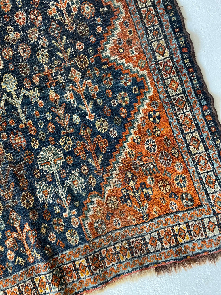 SQUARE Vintage Southwest Persian Shiraz Khamseh | Moody Indigo & Tangerine | 4 x 4.5