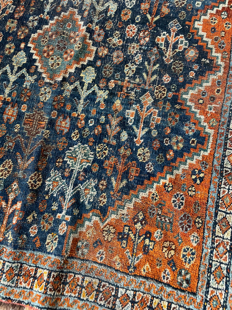 SOLD | SQUARE Vintage Southwest Persian Shiraz Khamseh | Moody Indigo & Tangerine | 4 x 4.5