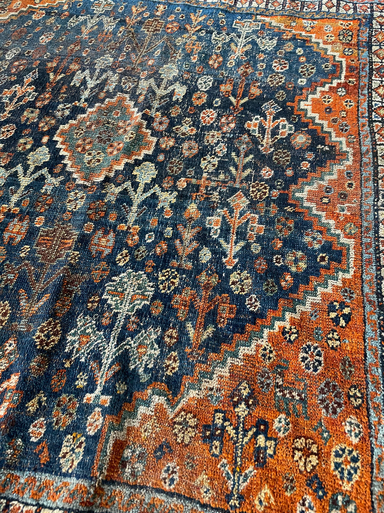 SOLD | SQUARE Vintage Southwest Persian Shiraz Khamseh | Moody Indigo & Tangerine | 4 x 4.5