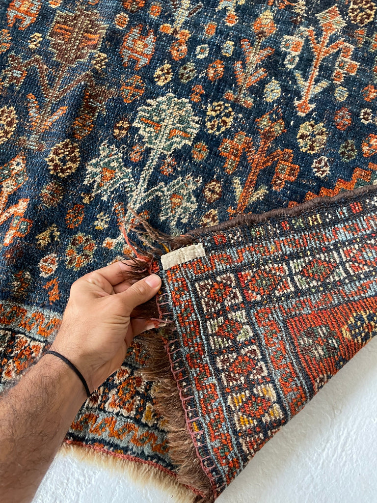 SQUARE Vintage Southwest Persian Shiraz Khamseh | Moody Indigo & Tangerine | 4 x 4.5