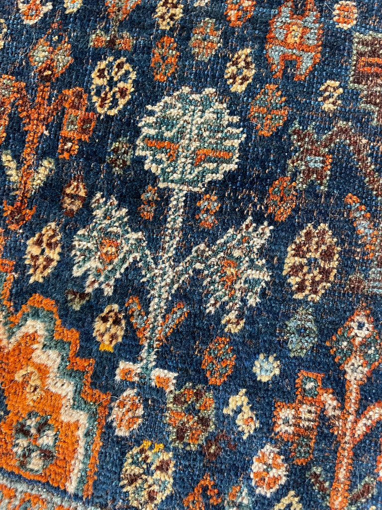 SOLD | SQUARE Vintage Southwest Persian Shiraz Khamseh | Moody Indigo & Tangerine | 4 x 4.5