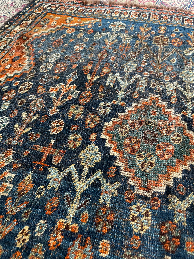 SOLD | SQUARE Vintage Southwest Persian Shiraz Khamseh | Moody Indigo & Tangerine | 4 x 4.5