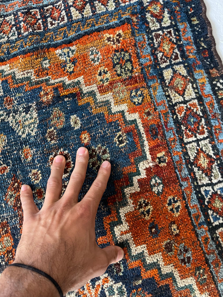 SOLD | SQUARE Vintage Southwest Persian Shiraz Khamseh | Moody Indigo & Tangerine | 4 x 4.5