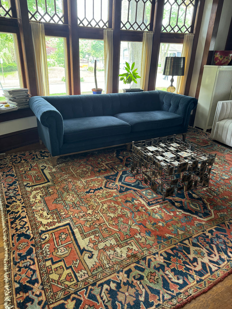 SOLD | EARTHY Craftsman Antique Heriz with TWO-TONED Finals | Lots of Blues & Greens | 9 x 11.6