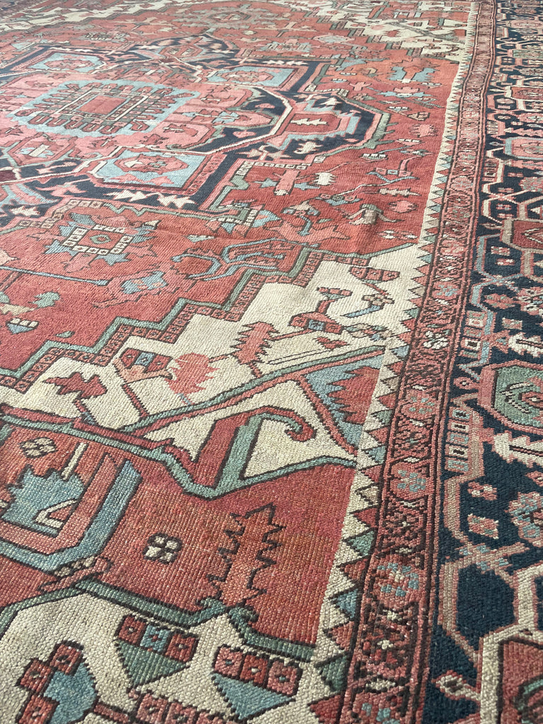 MINT CONDITION GORGEOUS Terracotta Ground with RARE Grassy Green & Ice Blue Antique Serapi-Heriz | 10.6 x 12.8