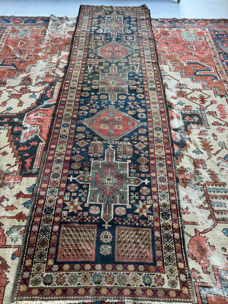 SOLD | JAW-DROPPING Vintage Heriz Runner | Muted Navy, Soft Jade, Subdued Rust | ~ 3 x 10