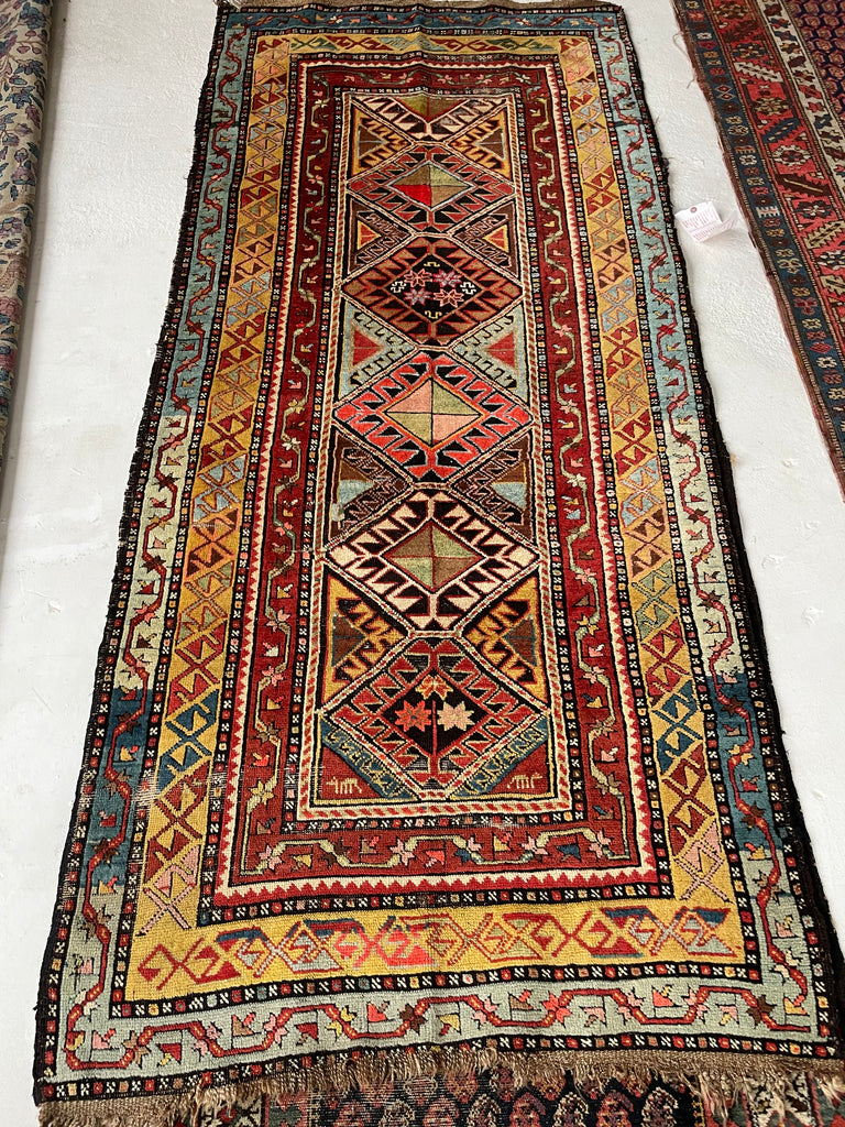 Coming Soon... GLORIOUS COLORS Funky Vintage Caucasian Rug Runner | Saffron, Green, All the Blues & Greens | 3.7 x 7.9