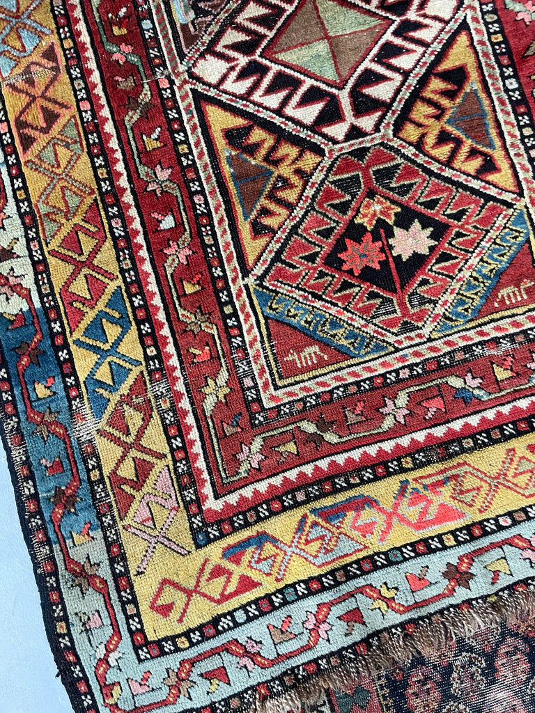 SOLD | GLORIOUS COLORS Funky Vintage Caucasian Rug Runner | Saffron, Green, All the Blues & Greens | 3.7 x 7.9