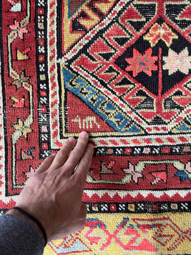 Coming Soon... GLORIOUS COLORS Funky Vintage Caucasian Rug Runner | Saffron, Green, All the Blues & Greens | 3.7 x 7.9