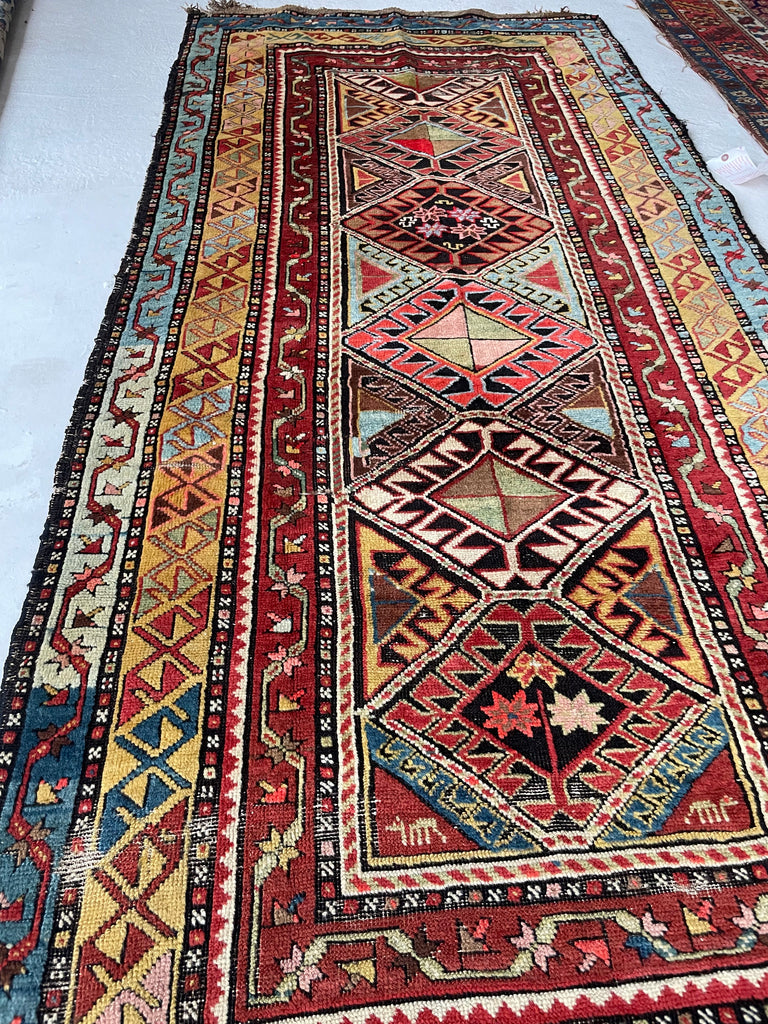 Coming Soon... GLORIOUS COLORS Funky Vintage Caucasian Rug Runner | Saffron, Green, All the Blues & Greens | 3.7 x 7.9