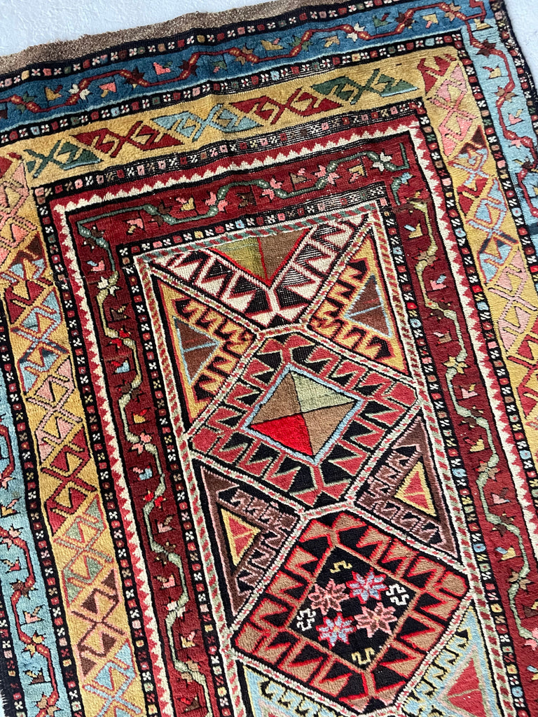 Coming Soon... GLORIOUS COLORS Funky Vintage Caucasian Rug Runner | Saffron, Green, All the Blues & Greens | 3.7 x 7.9