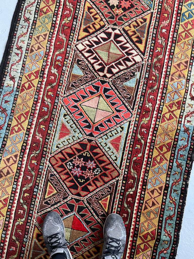 SOLD | GLORIOUS COLORS Funky Vintage Caucasian Rug Runner | Saffron, Green, All the Blues & Greens | 3.7 x 7.9