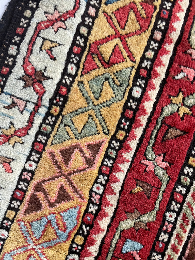 Coming Soon... GLORIOUS COLORS Funky Vintage Caucasian Rug Runner | Saffron, Green, All the Blues & Greens | 3.7 x 7.9