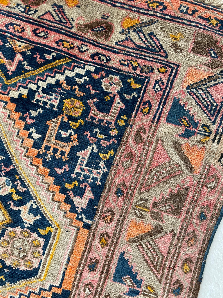 DIVINE Wide Antique Runner | SUNSET COLORS with Family of Sheep & Birds Woven in | 4.4 x 12.4