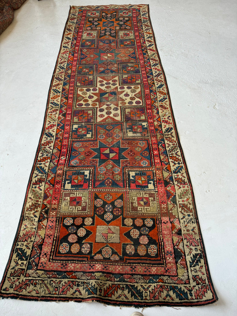 HAPPY & COLORFUL Star Kazak Antique Runner | Every Color with Perfect Patina | 3.6 x 11