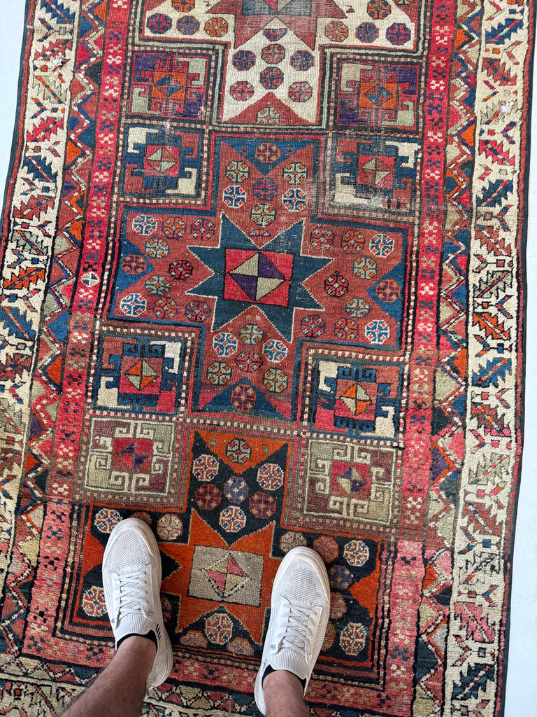 HAPPY & COLORFUL Star Kazak Antique Runner | Every Color with Perfect Patina | 3.6 x 11