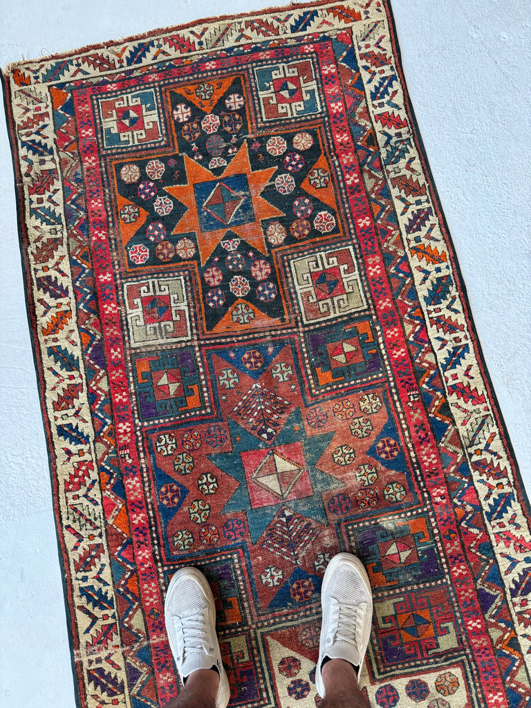 HAPPY & COLORFUL Star Kazak Antique Runner | Every Color with Perfect Patina | 3.6 x 11