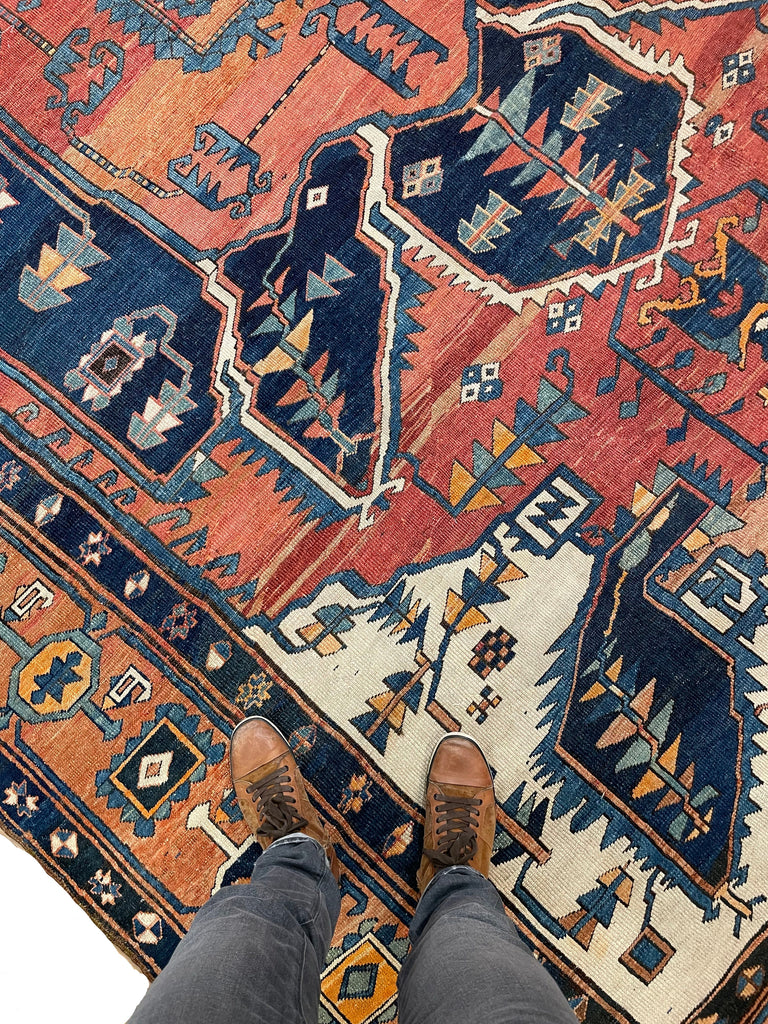 ASTONISHING Antique Persian Serapi 👑 KING of KINGS 👑  | World Class DIAMOND Textile in Terracotta, Sunset-Clay & Indigo | 9.8 x 16